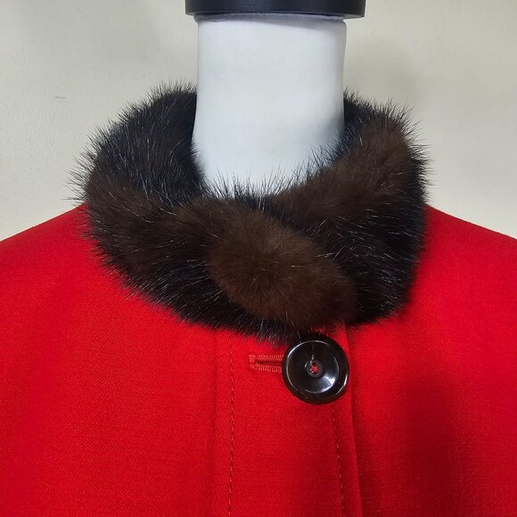VTG R.E.D. Valentino Womens Red Wool Jacket Sz 12 Real Mink Fur Collar‎ Designer - Picture 11 of 14
